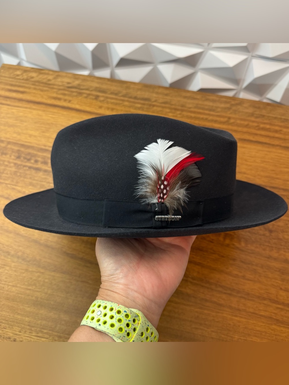 Stetson Vintage Royal  Black Fur Felt Fedora Hat w/ Feather Accent Black Unisex